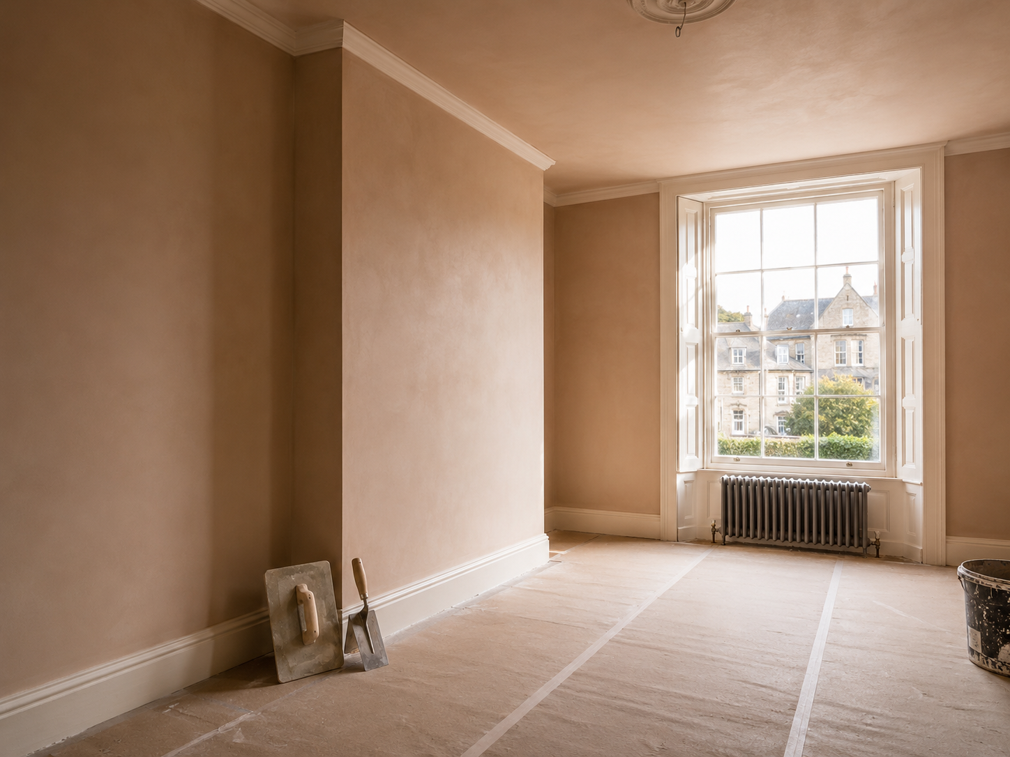 Freshly plastered period room in Bath, dust sheets down and plastering trowels ready