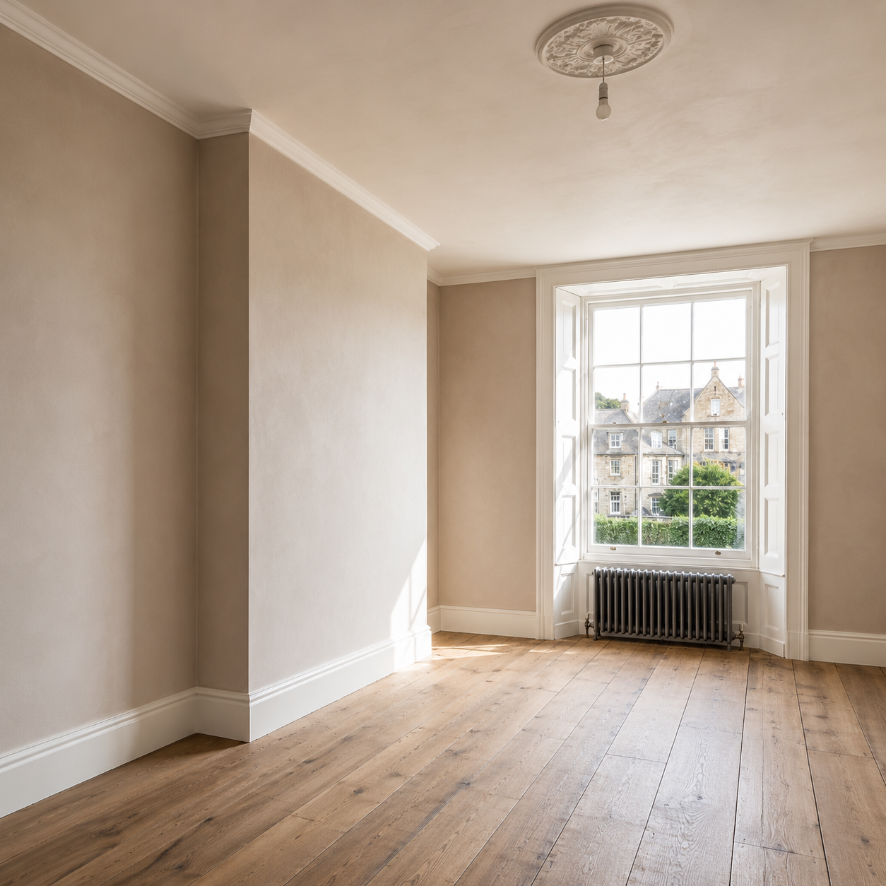 Re-plastered period room with restored wood floor and ceiling rose