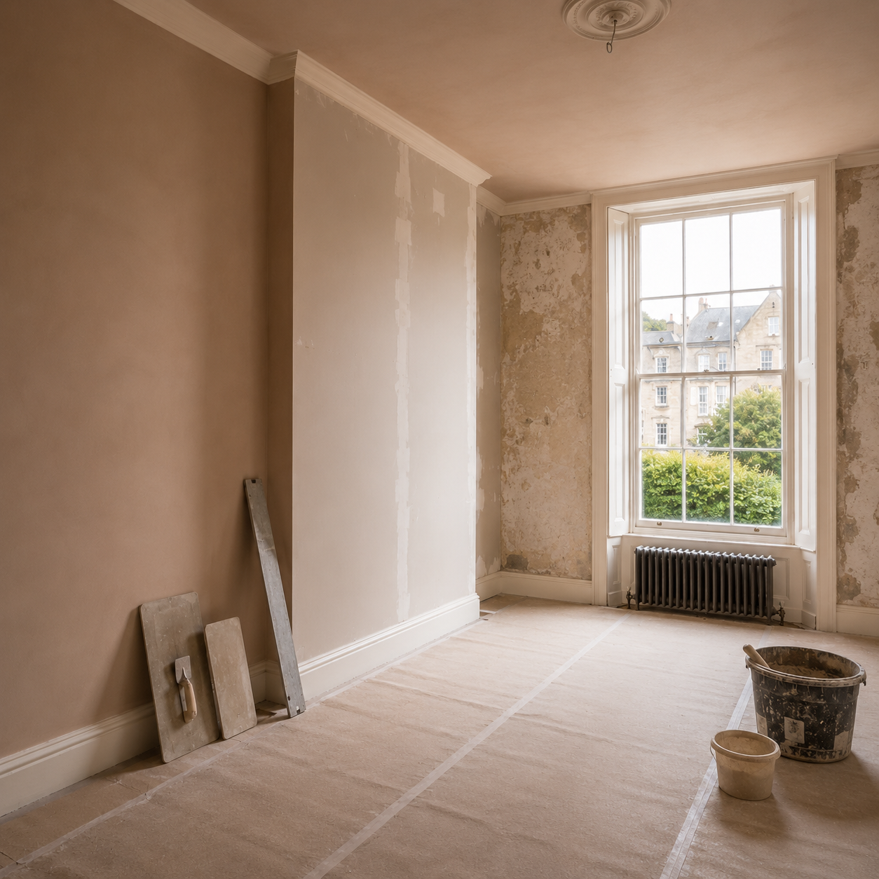 Wall being re-plastered over old damaged plaster in a Somerset property