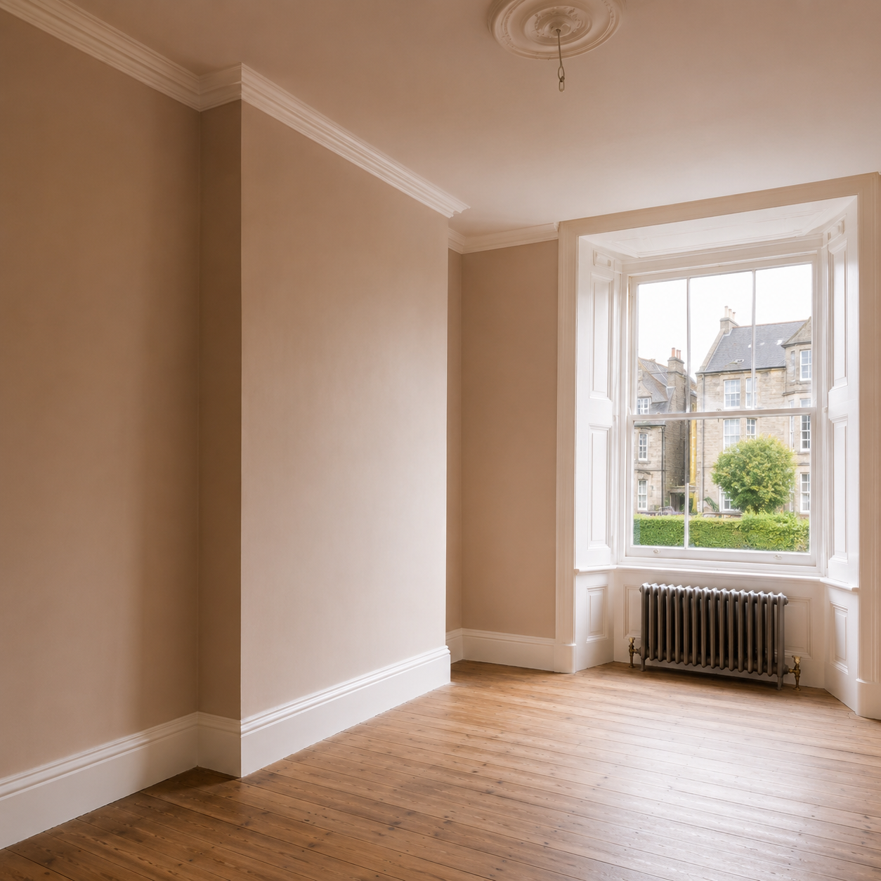 Freshly plastered room with a bay window in Bath, ready for decorating